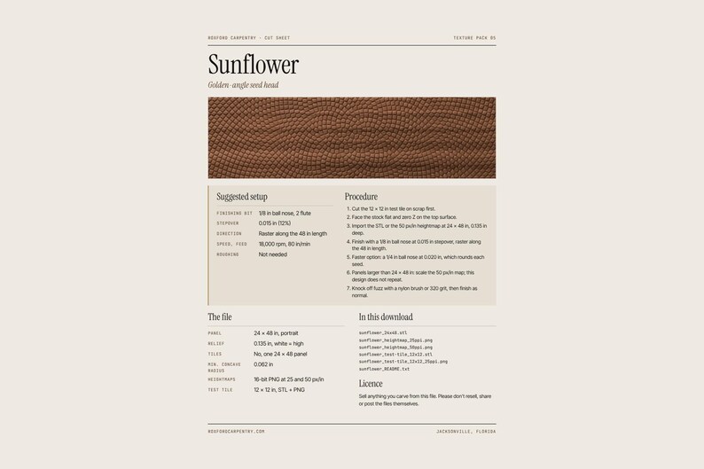 Puede incluir: Una hoja de corte digital titulada Sunflower que presenta un patr&oacute;n de cabeza de semilla marr&oacute;n, texturizado y repetitivo. El documento incluye especificaciones t&eacute;cnicas, una configuraci&oacute;n sugerida, un procedimiento y lista de archivos.