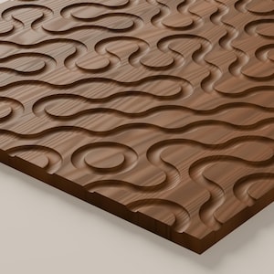May include: A rectangular wooden panel featuring a carved, continuous pattern of interconnected, rounded, and swirling grooves. The natural brown wood grain is visible across the surface, with the recessed channels creating a three-dimensional effect.