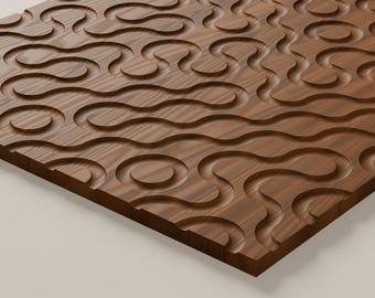 Puede incluir: Un panel rectangular de madera con un patrón tallado de surcos continuos, redondeados y entrelazados. La veta natural de la madera marrón es visible en toda la superficie, y los canales rebajados crean un efecto tridimensional.