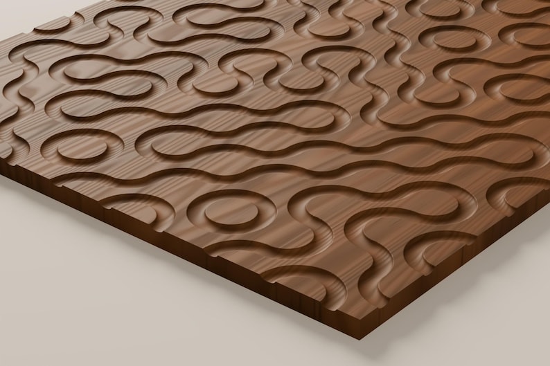May include: A rectangular wooden panel featuring a carved, continuous pattern of interconnected, rounded, and swirling grooves. The natural brown wood grain is visible across the surface, with the recessed channels creating a three-dimensional effect.