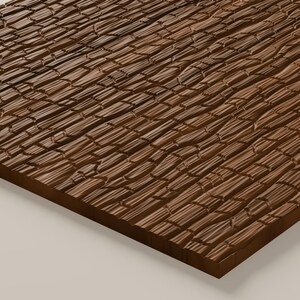 May include: A rectangular panel featuring a dark brown surface with a deeply carved, repeating texture that mimics the appearance of stacked, irregular wooden segments or bark, creating a high-contrast, three-dimensional relief pattern.
