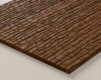 May include: A rectangular panel featuring a dark brown surface with a deeply carved, repeating texture that mimics the appearance of stacked, irregular wooden segments or bark, creating a high-contrast, three-dimensional relief pattern.
