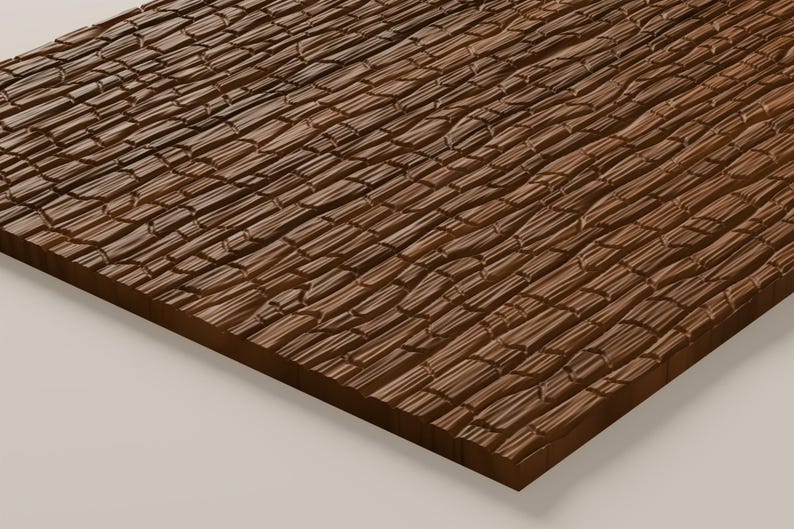 May include: A rectangular panel featuring a dark brown surface with a deeply carved, repeating texture that mimics the appearance of stacked, irregular wooden segments or bark, creating a high-contrast, three-dimensional relief pattern.