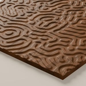 May include: A rectangular wooden panel featuring a carved, raised relief pattern of interconnected, flowing, maze-like lines. The natural brown wood grain is visible across the surface, creating a textured, three-dimensional effect.