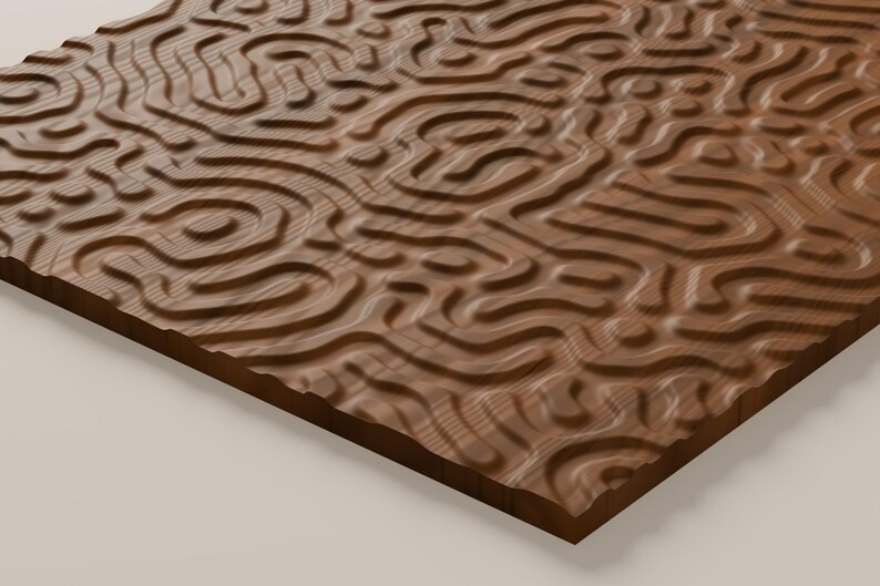 May include: A rectangular wooden panel featuring a carved, raised relief pattern of interconnected, flowing, maze-like lines. The natural brown wood grain is visible across the surface, creating a textured, three-dimensional effect.