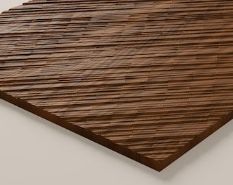 May include: A rectangular wooden panel featuring a dark brown finish and a textured surface composed of numerous horizontal, parallel ridges that create a repeating, layered pattern across the entire top face of the board.