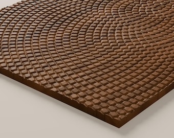 May include: A rectangular wooden panel featuring a textured surface composed of numerous small, raised square blocks arranged in a repeating, curved, wave-like pattern across the entire face of the dark brown wood piece.