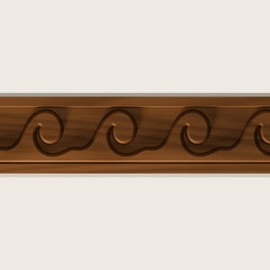 May include: A horizontal wooden molding strip featuring a continuous carved wave pattern. The wood has a medium brown tone with visible grain details, and the recessed wave design creates a repeating scroll motif across the length.