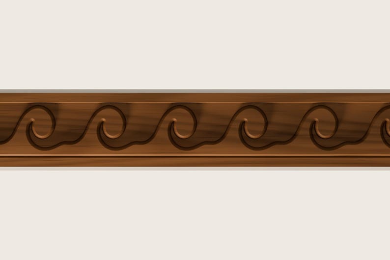 May include: A horizontal wooden molding strip featuring a continuous carved wave pattern. The wood has a medium brown tone with visible grain details, and the recessed wave design creates a repeating scroll motif across the length.