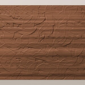 May include: A rectangular wooden panel featuring a medium brown tone and a visible natural wood grain. The surface is decorated with a repeating, raised, abstract pattern of curved, leaf-like shapes that create a textured, three-dimensional effect.
