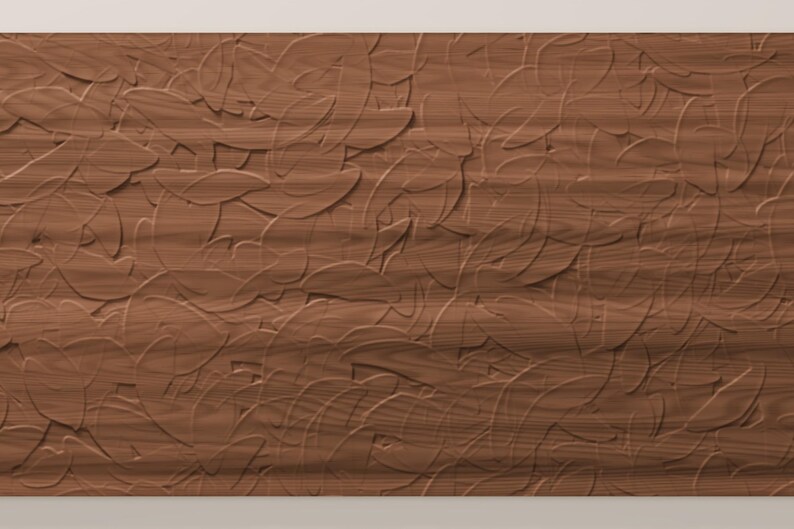 May include: A rectangular wooden panel featuring a medium brown tone and a visible natural wood grain. The surface is decorated with a repeating, raised, abstract pattern of curved, leaf-like shapes that create a textured, three-dimensional effect.
