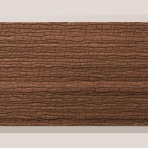 May include: A rectangular panel featuring a brown surface with a deeply embossed, horizontal texture that mimics the appearance of cracked, weathered tree bark, characterized by numerous small, irregular, and interconnected fissures.