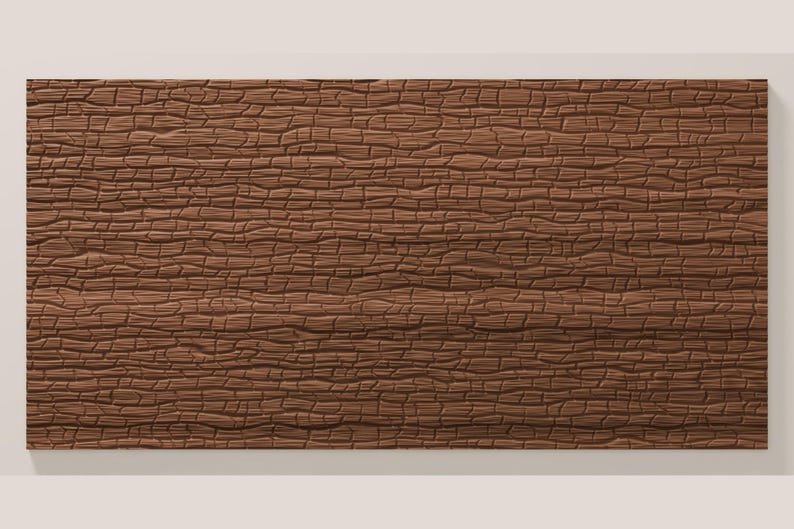 May include: A rectangular panel featuring a brown surface with a deeply embossed, horizontal texture that mimics the appearance of cracked, weathered tree bark, characterized by numerous small, irregular, and interconnected fissures.