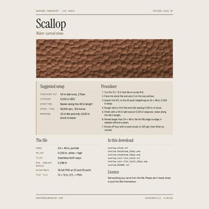 May include: A digital cut sheet for a Scallop water-carved stone texture. The document includes a brown, scalloped pattern image, technical setup instructions, procedure steps, file specifications, and a list of included download files.