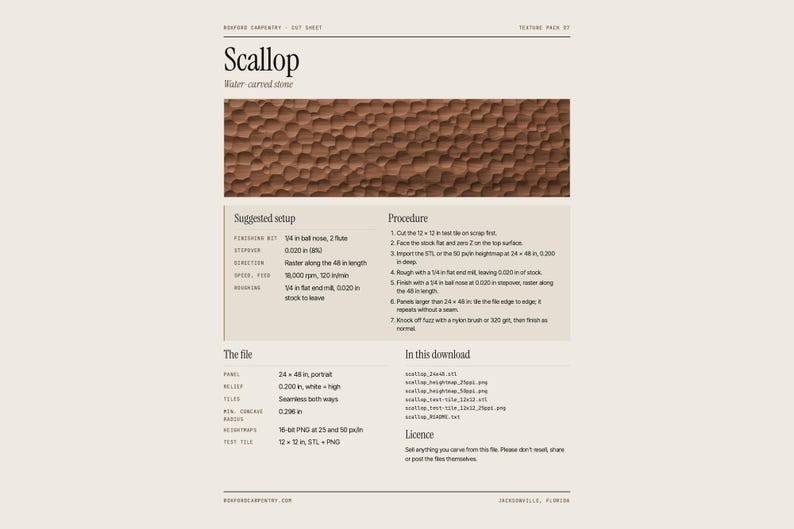May include: A digital cut sheet for a Scallop water-carved stone texture. The document includes a brown, scalloped pattern image, technical setup instructions, procedure steps, file specifications, and a list of included download files.