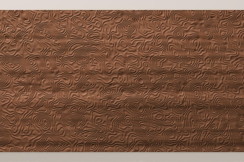 May include: A rectangular wooden panel featuring a carved, three-dimensional surface pattern of continuous, flowing, concentric lines that resemble topographic map contours, finished in a warm, medium-brown wood grain texture.