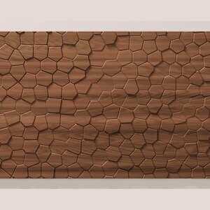 May include: A rectangular wooden wall panel featuring a three-dimensional geometric pattern of interlocking, irregular pentagonal and hexagonal shapes with a visible natural wood grain texture in a medium brown tone.