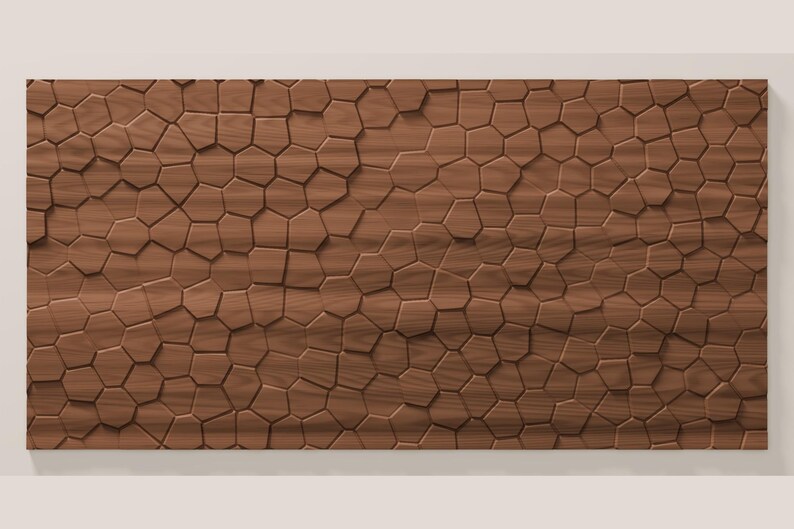 May include: A rectangular wooden wall panel featuring a three-dimensional geometric pattern of interlocking, irregular pentagonal and hexagonal shapes with a visible natural wood grain texture in a medium brown tone.