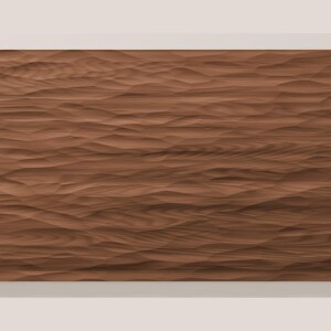 May include: A rectangular wooden panel featuring a carved, undulating surface texture that mimics the appearance of flowing water or rolling waves. The wood displays a rich, medium-brown tone with visible natural grain patterns throughout.