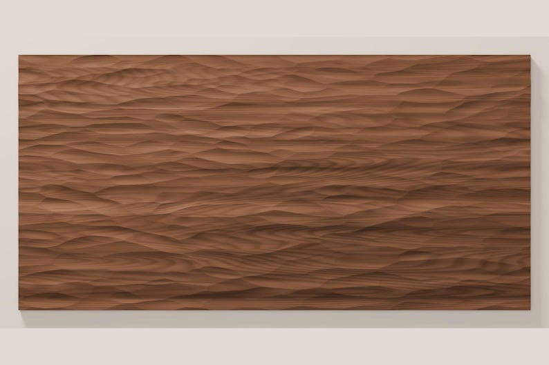 May include: A rectangular wooden panel featuring a carved, undulating surface texture that mimics the appearance of flowing water or rolling waves. The wood displays a rich, medium-brown tone with visible natural grain patterns throughout.