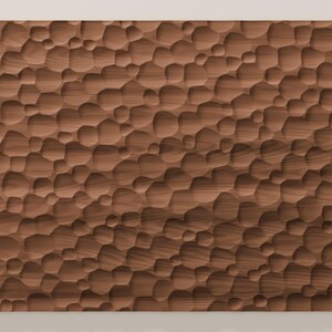 May include: A rectangular wooden panel featuring a carved, textured surface composed of numerous irregular, rounded indentations of varying sizes. The natural brown wood grain is visible across the entire surface, creating a tactile, organic pattern.