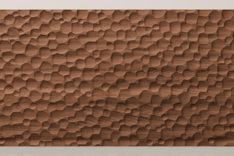 May include: A rectangular wooden panel featuring a carved, textured surface composed of numerous irregular, rounded indentations of varying sizes. The natural brown wood grain is visible across the entire surface, creating a tactile, organic pattern.