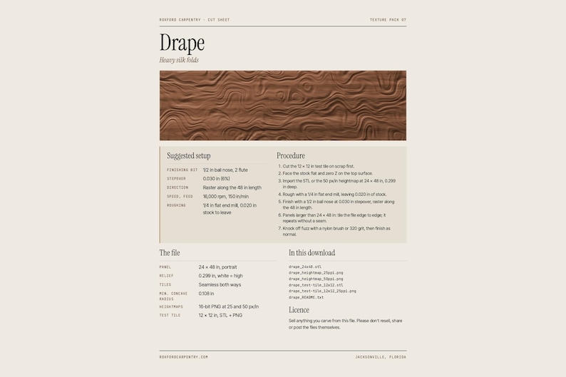 May include: A digital cut sheet titled Drape featuring a brown, wavy, silk-like texture pattern. The document includes technical specifications, a suggested setup, and a procedure list for CNC machining, with dimensions listed in inches.