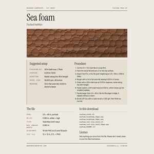 May include: A digital cut sheet titled Sea foam featuring a brown wood texture with circular bubble patterns. The document includes technical specifications, a suggested setup, procedure steps, file details, and a list of included download files.
