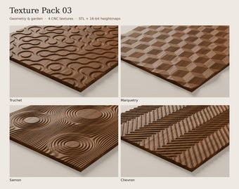 Könnte beinhalten: Texturpaket 03 mit vier braunen Holzpaneelen mit CNC-Texturen: Truchet mit geschwungenen Linien, Marquetry mit geometrischen Würfeln, Samon mit konzentrischen Kreisen und Chevron mit diagonalen Rippen. Enthält STL und 16-Bit-Heightmaps.