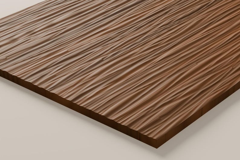 May include: A rectangular wooden panel featuring a deep, carved texture with wavy, linear grooves running across the surface. The wood has a medium brown tone with natural grain variations and a consistent, repeating pattern of raised ridges.