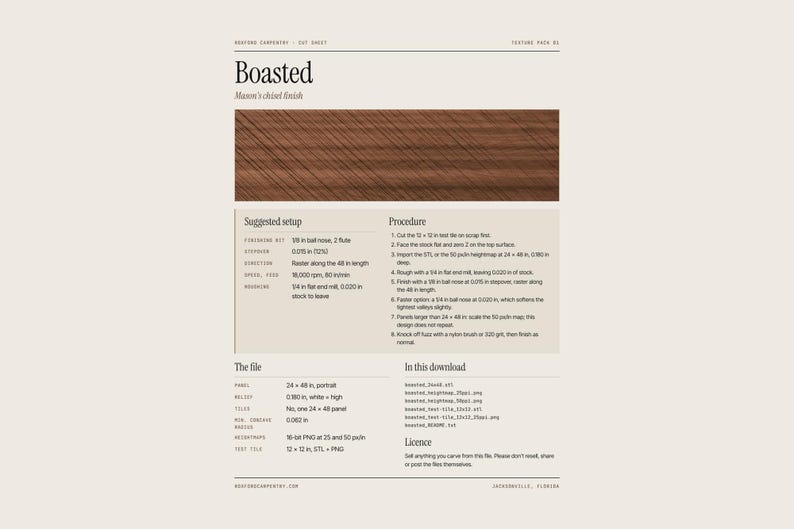 Op de afbeelding: Een digitaal instructieblad getiteld Boasted met een bruin houtnerftextuurvoorbeeld. Het document bevat secties voor de voorgestelde instellingen, procedure, bestandsspecificaties en de inhoud van de download.