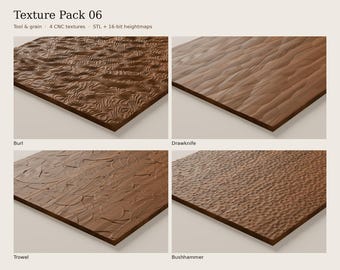 Könnte beinhalten: Texturpaket 06 mit vier braunen Holzpaneelen mit verschiedenen Oberflächenmustern, beschriftet als Burl, Drawknife, Trowel und Bushhammer. Die digitalen Dateien enthalten STL- und 16-Bit-Heightmaps für die CNC-Bearbeitung.