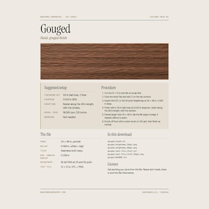 May include: A technical specification sheet titled Gouged featuring a brown wood texture sample with horizontal grooves. The document outlines setup parameters, machining procedures, file details, and download contents in black text.