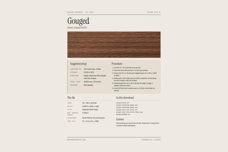May include: A technical specification sheet titled Gouged featuring a brown wood texture sample with horizontal grooves. The document outlines setup parameters, machining procedures, file details, and download contents in black text.