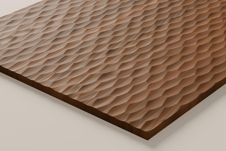 May include: A rectangular wooden panel featuring a repeating, carved geometric pattern of raised, diamond-shaped facets across its surface. The wood displays a rich, medium-brown tone with visible natural grain lines throughout the texture.