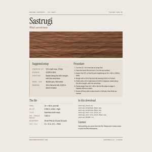 May include: A digital cut sheet for Sastrugi wind-carved texture featuring a brown wavy surface image, technical setup instructions, and file specifications. The document includes details for CNC machining, tool paths, and a list of included file formats.