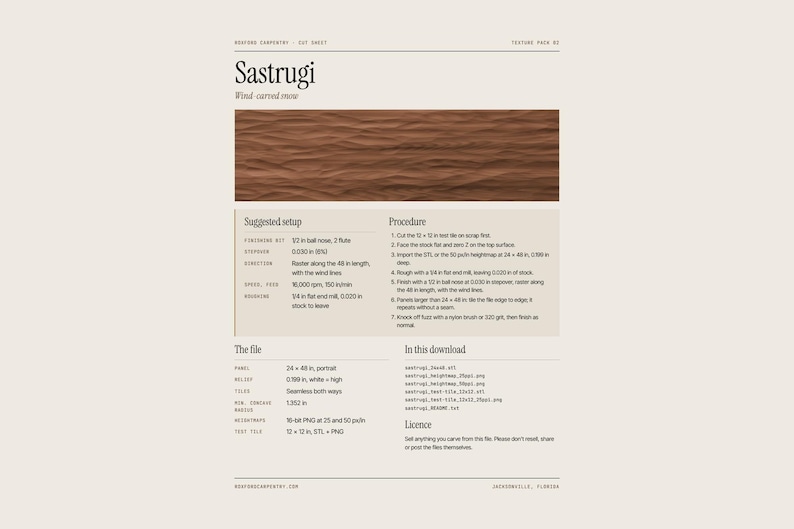 May include: A digital cut sheet for Sastrugi wind-carved texture featuring a brown wavy surface image, technical setup instructions, and file specifications. The document includes details for CNC machining, tool paths, and a list of included file formats.