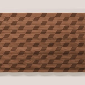 Puede incluir: Un panel rectangular de madera con un patr&oacute;n geom&eacute;trico repetitivo de segmentos de grano de madera marr&oacute;n claro y oscuro dispuestos en una ilusi&oacute;n de cubo tridimensional, mostrando texturas naturales de madera.