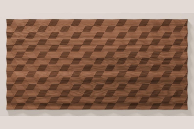 Puede incluir: Un panel rectangular de madera con un patr&oacute;n geom&eacute;trico repetitivo de segmentos de grano de madera marr&oacute;n claro y oscuro dispuestos en una ilusi&oacute;n de cubo tridimensional, mostrando texturas naturales de madera.