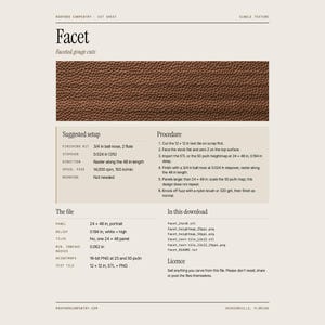 May include: A cut sheet for a Facet design featuring a brown textured surface sample. The document includes technical specifications, a suggested setup, a procedure list, file details, and a list of included download files for CNC carving.