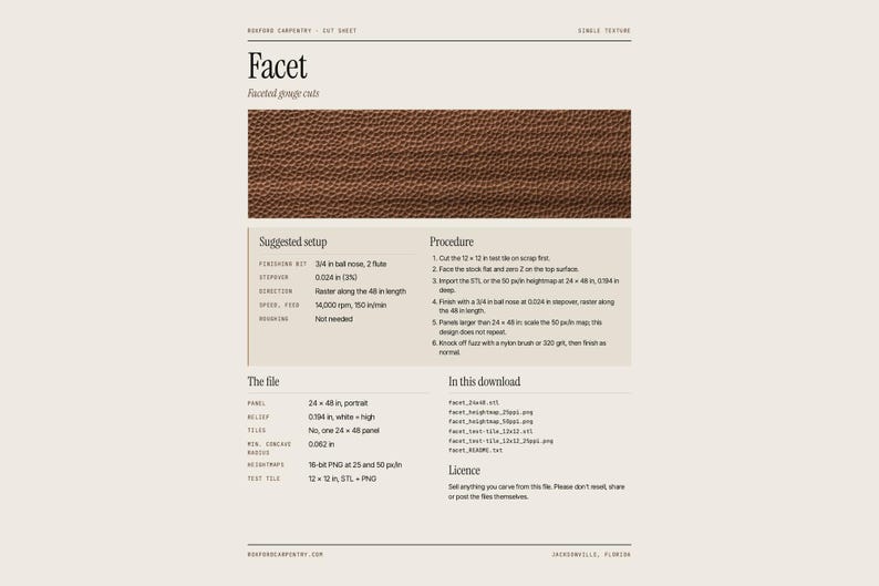 May include: A cut sheet for a Facet design featuring a brown textured surface sample. The document includes technical specifications, a suggested setup, a procedure list, file details, and a list of included download files for CNC carving.