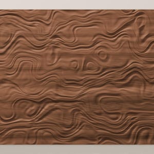 May include: A rectangular wooden panel featuring a three-dimensional surface with fluid, wavy, and organic carved patterns. The wood displays a medium brown tone with visible grain lines that follow the undulating, sculpted contours.