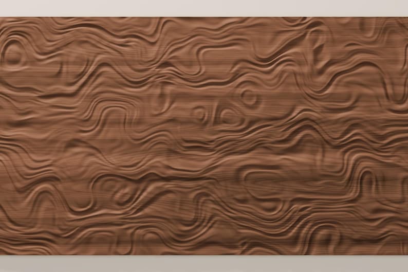 May include: A rectangular wooden panel featuring a three-dimensional surface with fluid, wavy, and organic carved patterns. The wood displays a medium brown tone with visible grain lines that follow the undulating, sculpted contours.