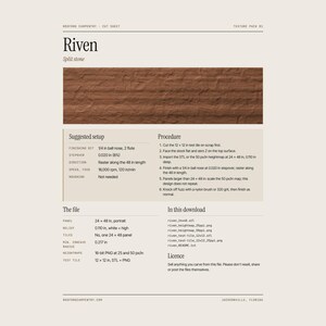 May include: A digital cut sheet for Riven split stone texture featuring a brown stone sample image, suggested setup parameters, carving procedures, file specifications, download contents, and licensing information in English.