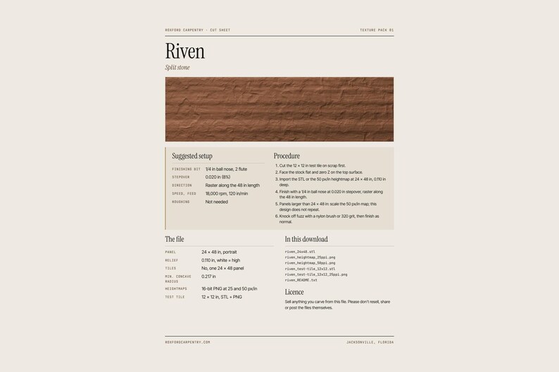 May include: A digital cut sheet for Riven split stone texture featuring a brown stone sample image, suggested setup parameters, carving procedures, file specifications, download contents, and licensing information in English.