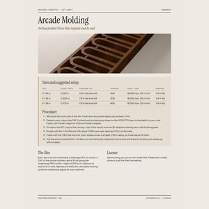 May include: A technical cut sheet for Arcade Molding featuring a dark wood strip with repeating arched pocket cutouts. The document includes a table of sizes, suggested setup parameters, machining procedures, and licensing information in English.