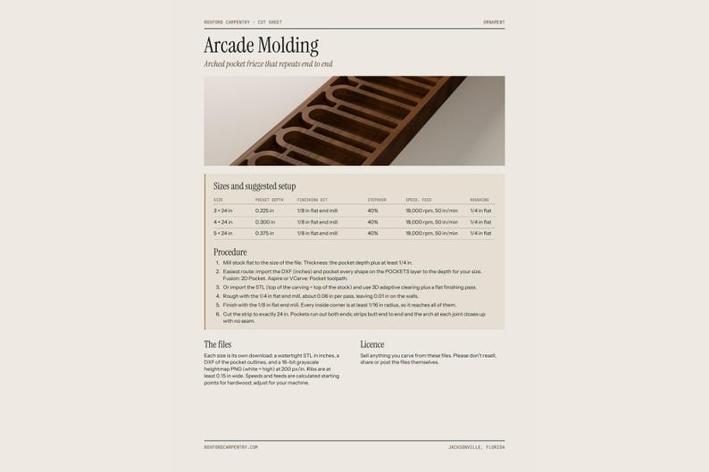 May include: A technical cut sheet for Arcade Molding featuring a dark wood strip with repeating arched pocket cutouts. The document includes a table of sizes, suggested setup parameters, machining procedures, and licensing information in English.