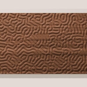 May include: A rectangular wooden panel featuring a carved, raised relief pattern of continuous, interconnected, maze-like lines. The surface displays a natural brown wood grain texture with deep, smooth grooves creating a complex, organic, and flowing design across the entire piece.