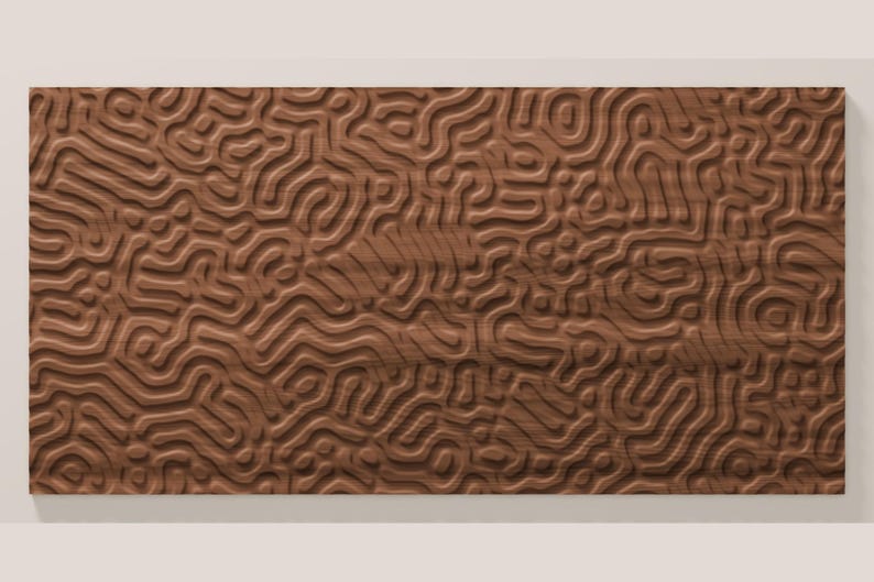 May include: A rectangular wooden panel featuring a carved, raised relief pattern of continuous, interconnected, maze-like lines. The surface displays a natural brown wood grain texture with deep, smooth grooves creating a complex, organic, and flowing design across the entire piece.