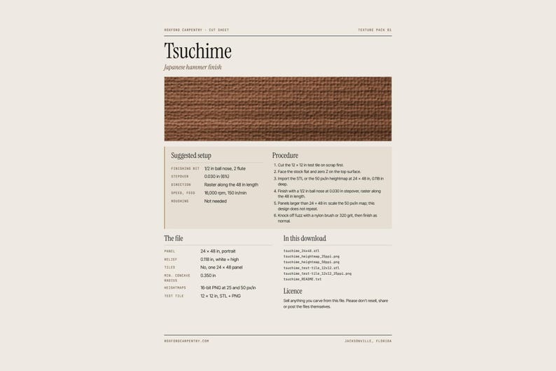 May include: A digital cut sheet for Tsuchime Japanese hammer finish texture, featuring a brown textured sample image, suggested setup parameters, procedural steps, file specifications, and download contents in a clean, structured layout.
